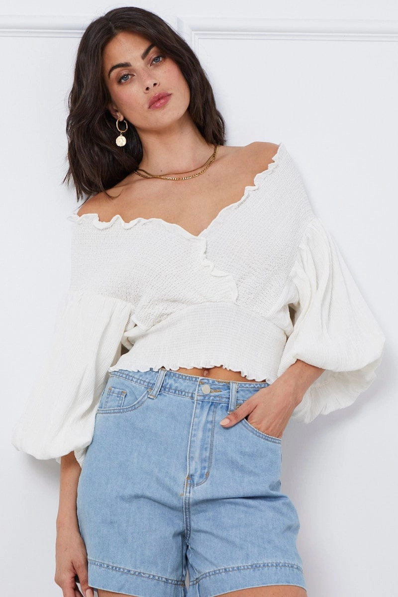 White Wrap Top Three-Quarter Off Shoulder Sweetheart