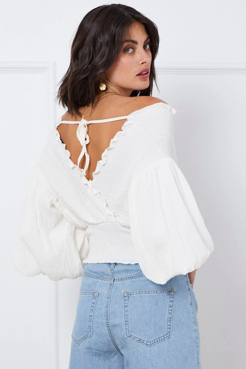 White Wrap Top Three-Quarter Off Shoulder Sweetheart