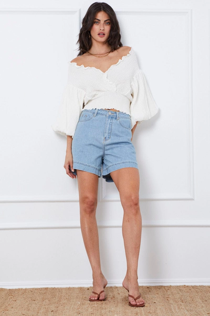 White Wrap Top Three-Quarter Off Shoulder Sweetheart