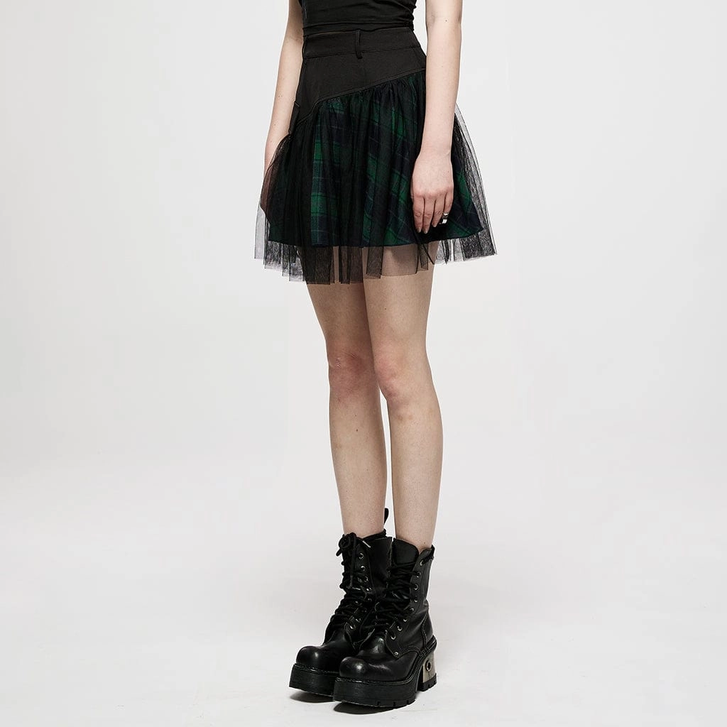 Women's Grunge High-waisted Mesh Green Plaid Short Skirt
