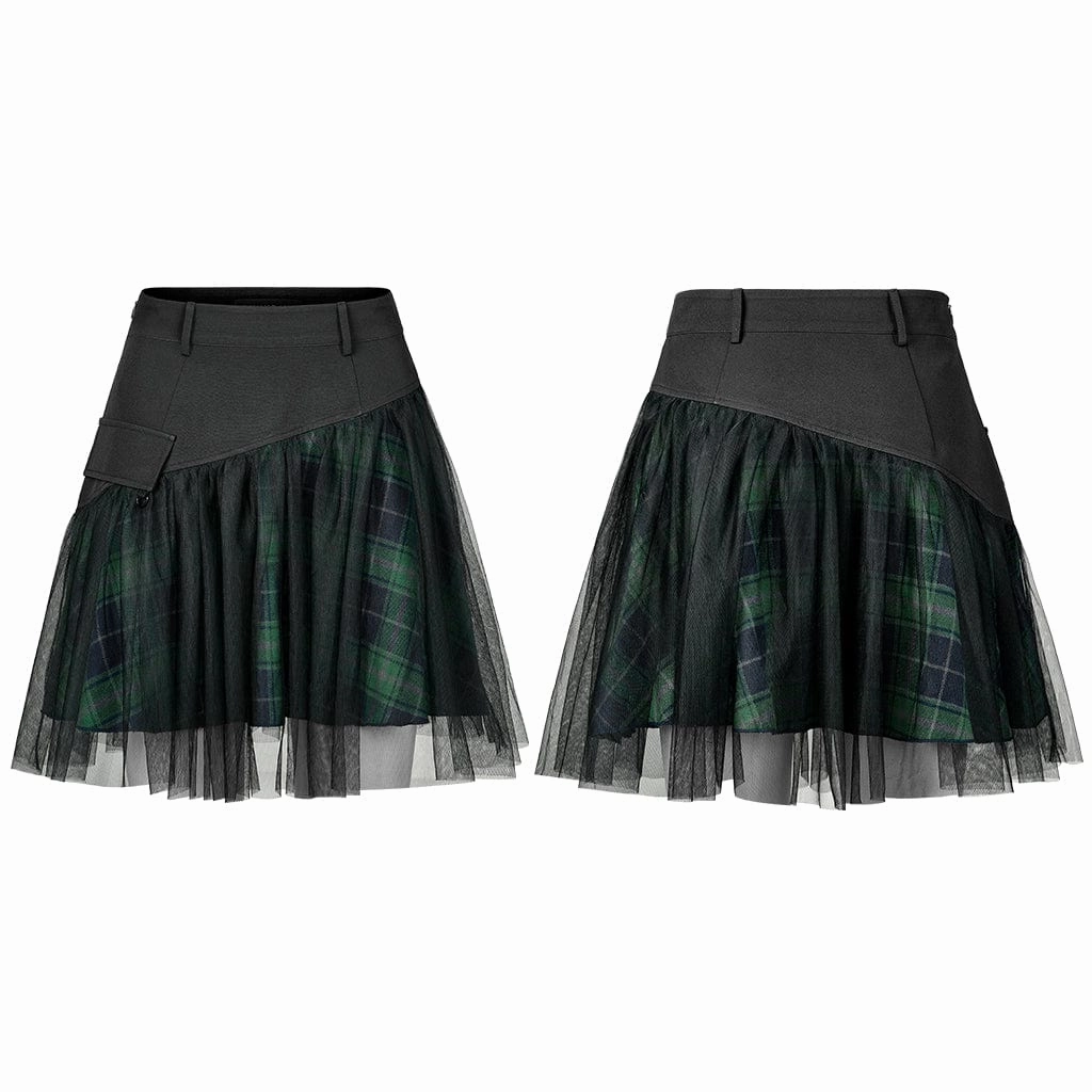 Women's Grunge High-waisted Mesh Green Plaid Short Skirt