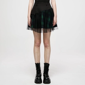 Women's Grunge High-waisted Mesh Green Plaid Short Skirt