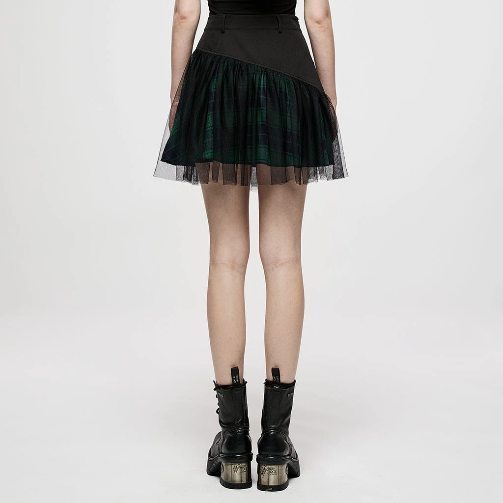 Women's Grunge High-waisted Mesh Green Plaid Short Skirt