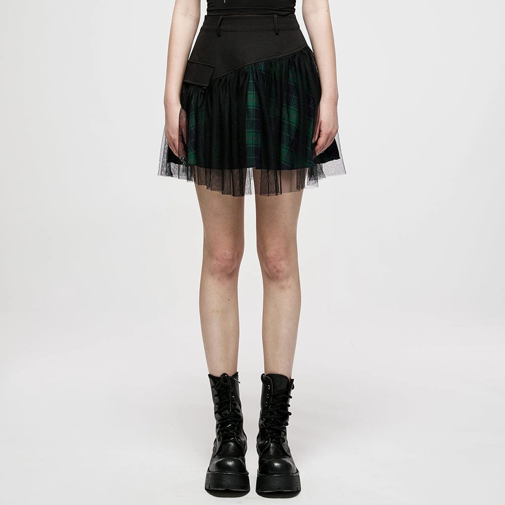 Women's Grunge High-waisted Mesh Green Plaid Short Skirt