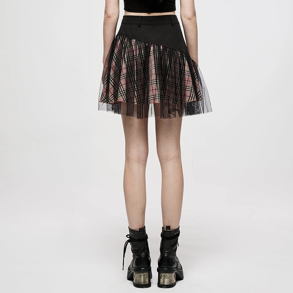 Women's Grunge High-waisted Mesh Red Plaid Short Skirt