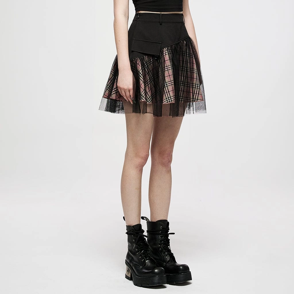 Women's Grunge High-waisted Mesh Red Plaid Short Skirt