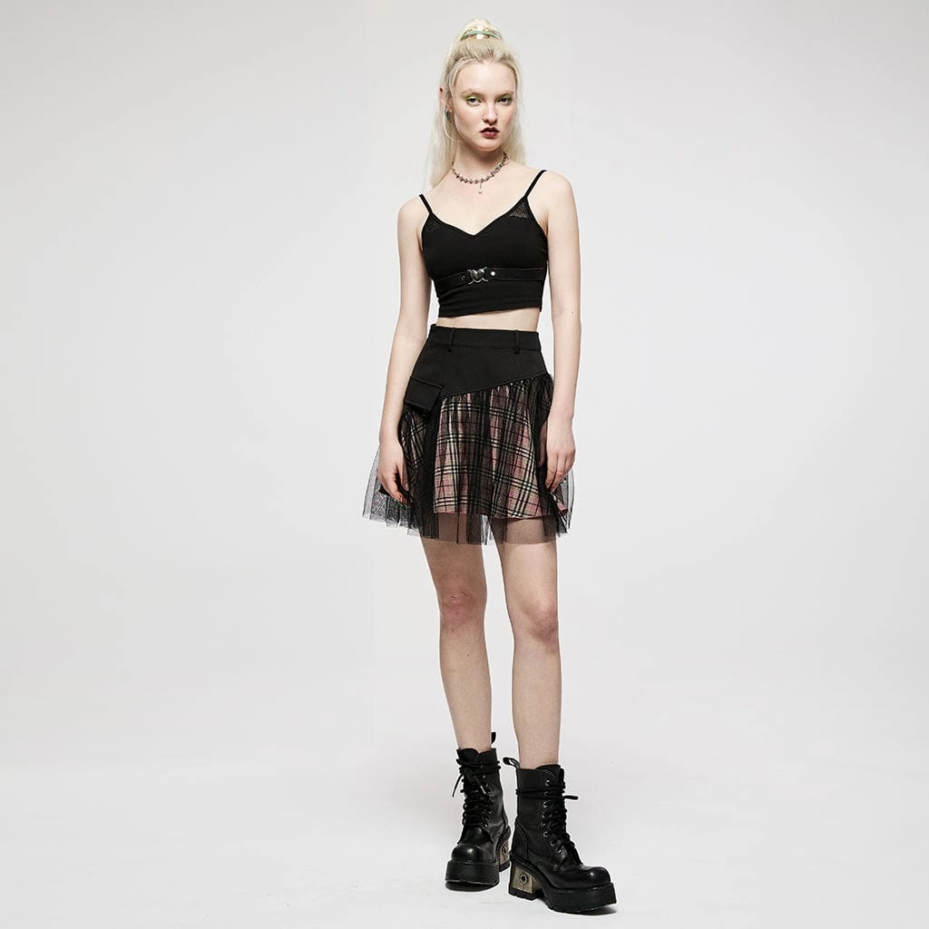 Women's Grunge High-waisted Mesh Red Plaid Short Skirt