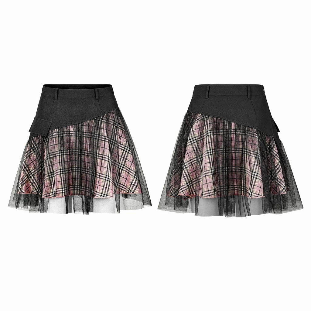 Women's Grunge High-waisted Mesh Red Plaid Short Skirt