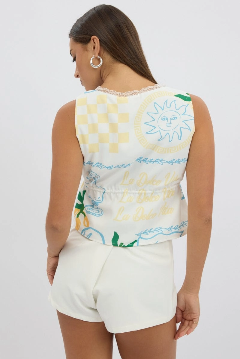 Yellow Abstract Tie Front Top