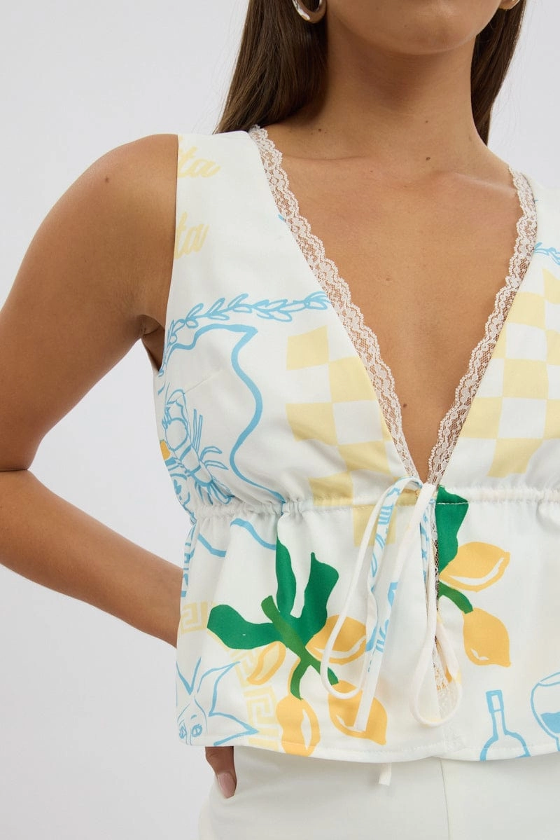Yellow Abstract Tie Front Top