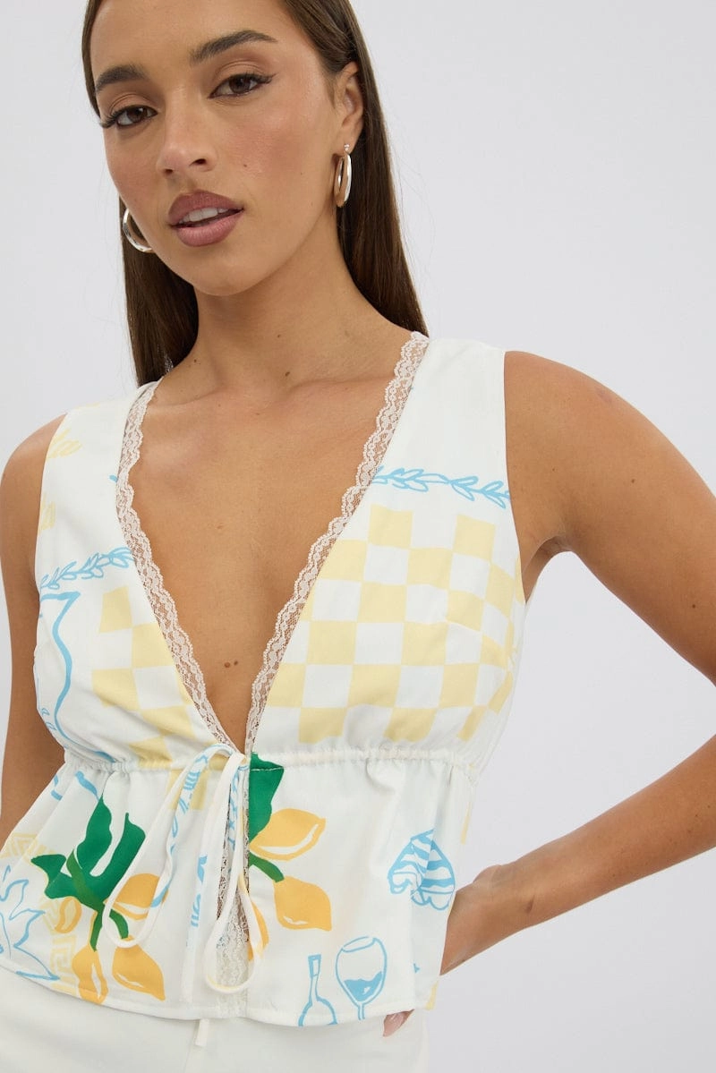 Yellow Abstract Tie Front Top