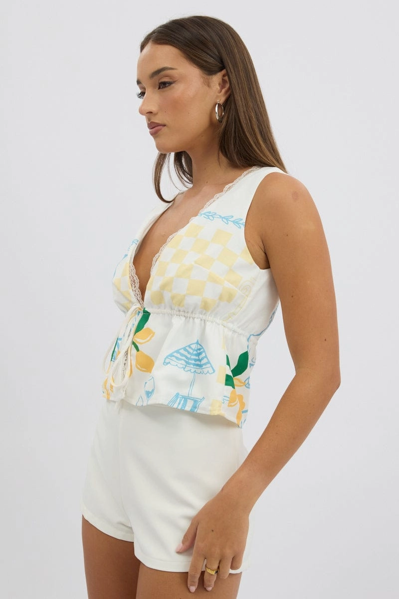 Yellow Abstract Tie Front Top