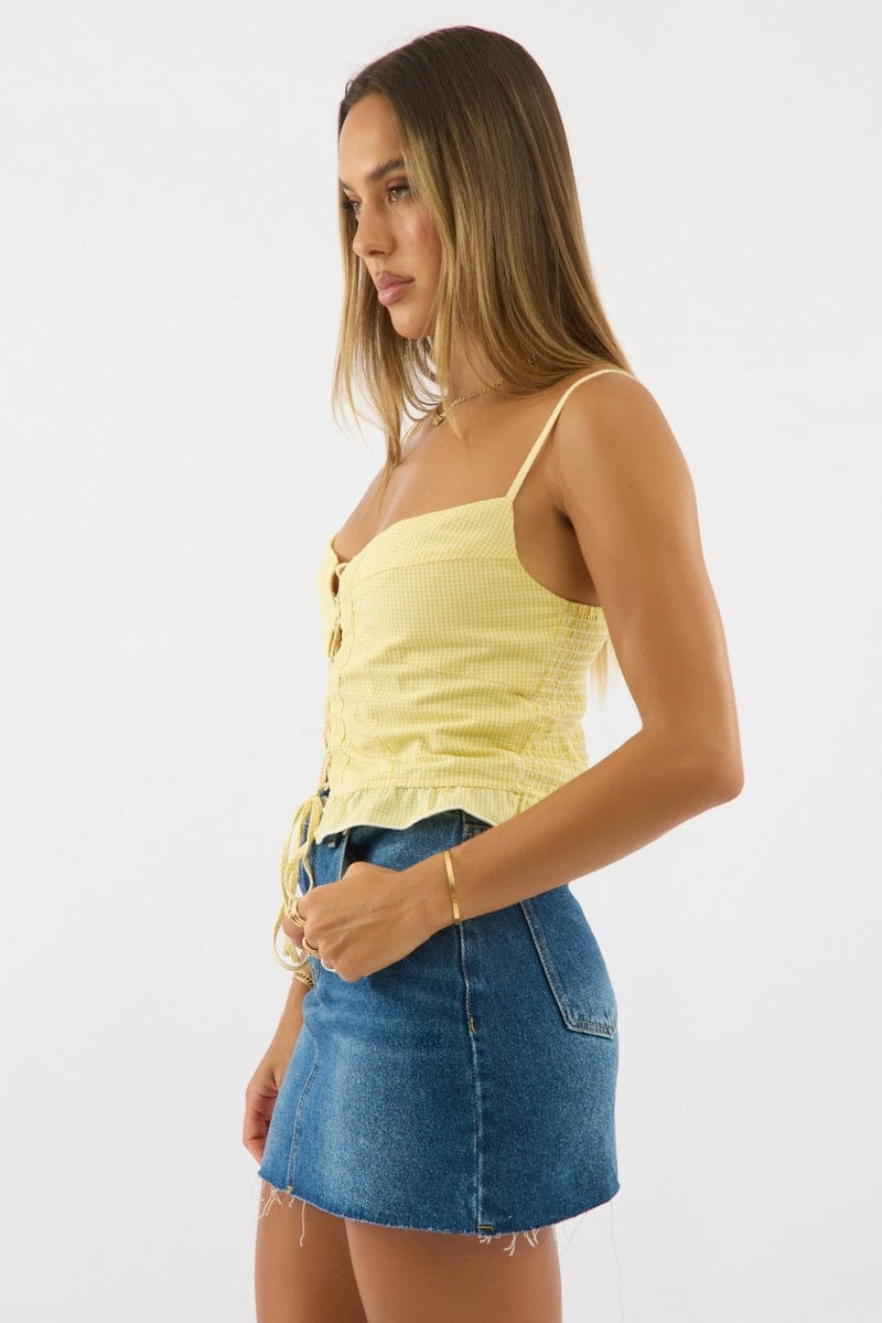 Yellow Check Corset Top Sleeveless Lace Up