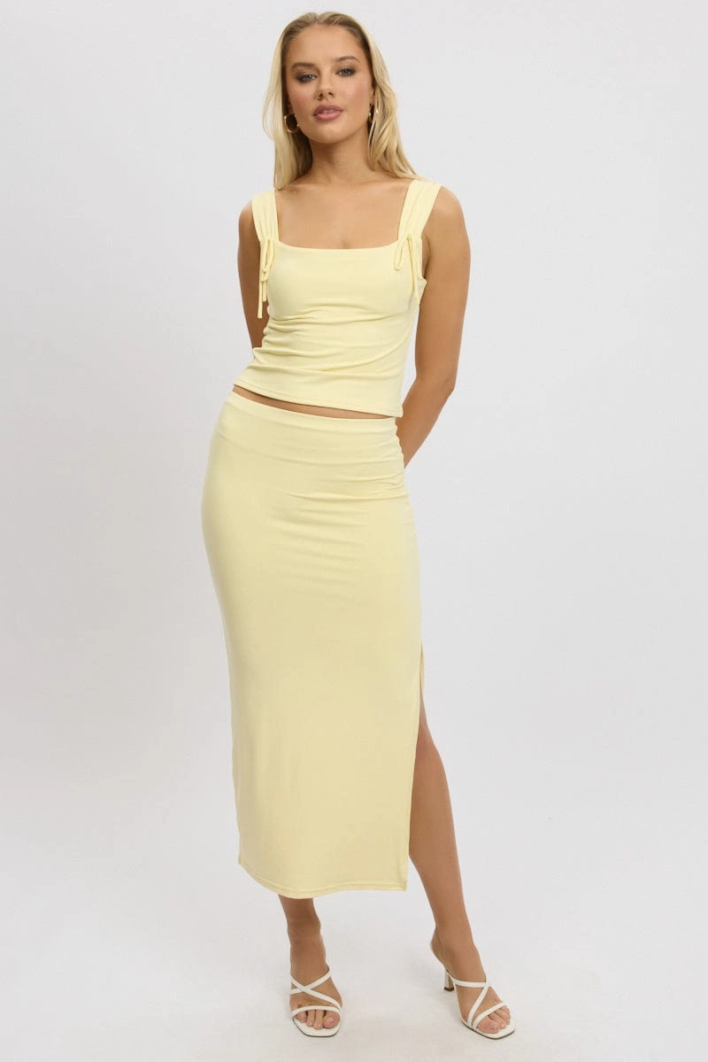 Yellow Crop Top Square Neck With Ribbons