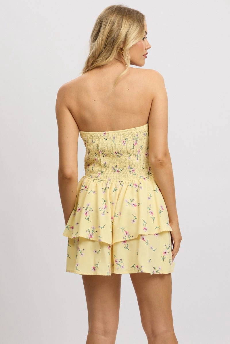 Yellow Floral Strapless Playsuit Ruffled