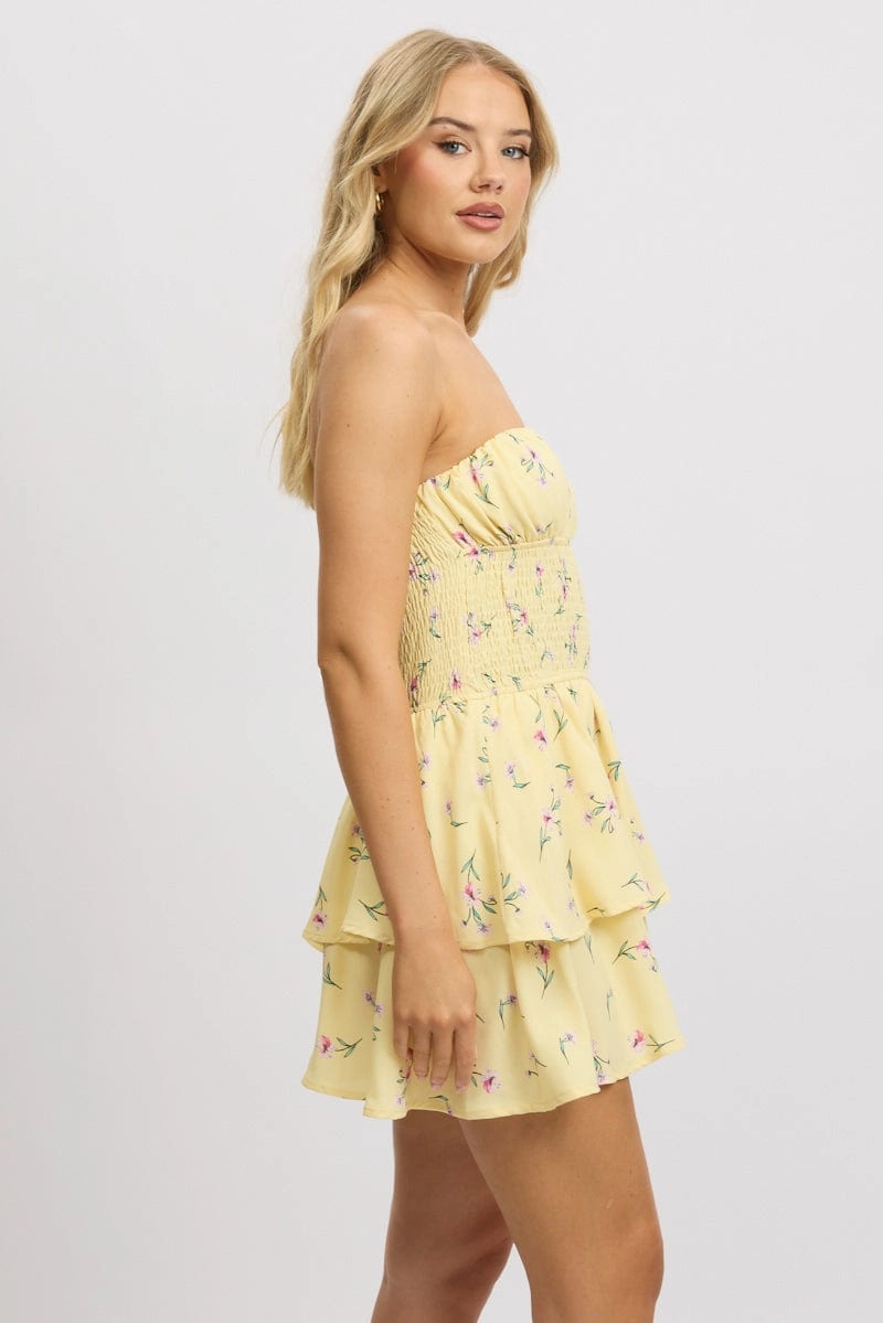 Yellow Floral Strapless Playsuit Ruffled