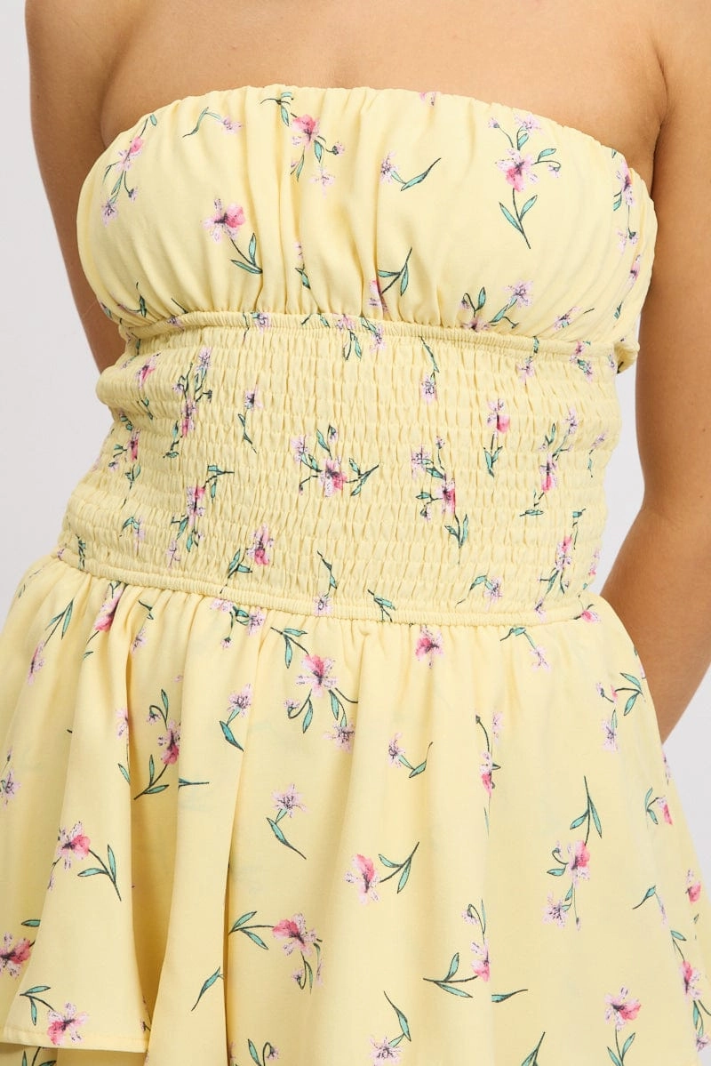 Yellow Floral Strapless Playsuit Ruffled