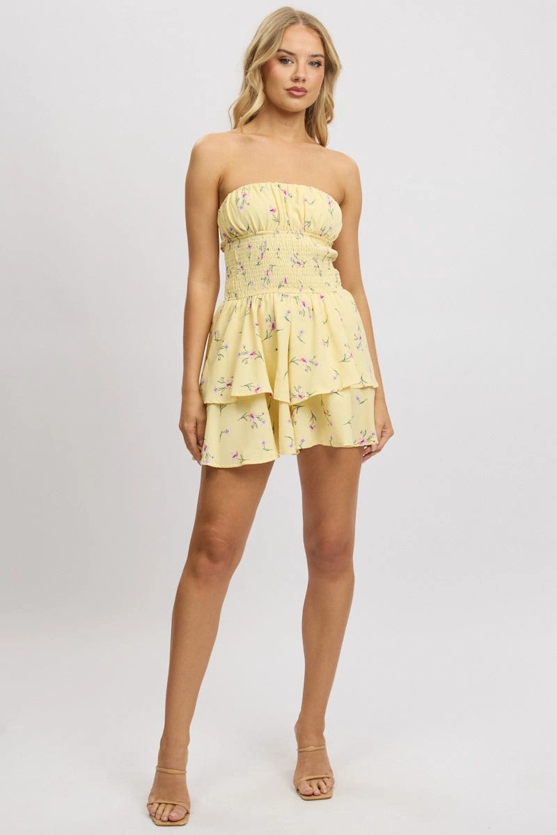 Yellow Floral Strapless Playsuit Ruffled